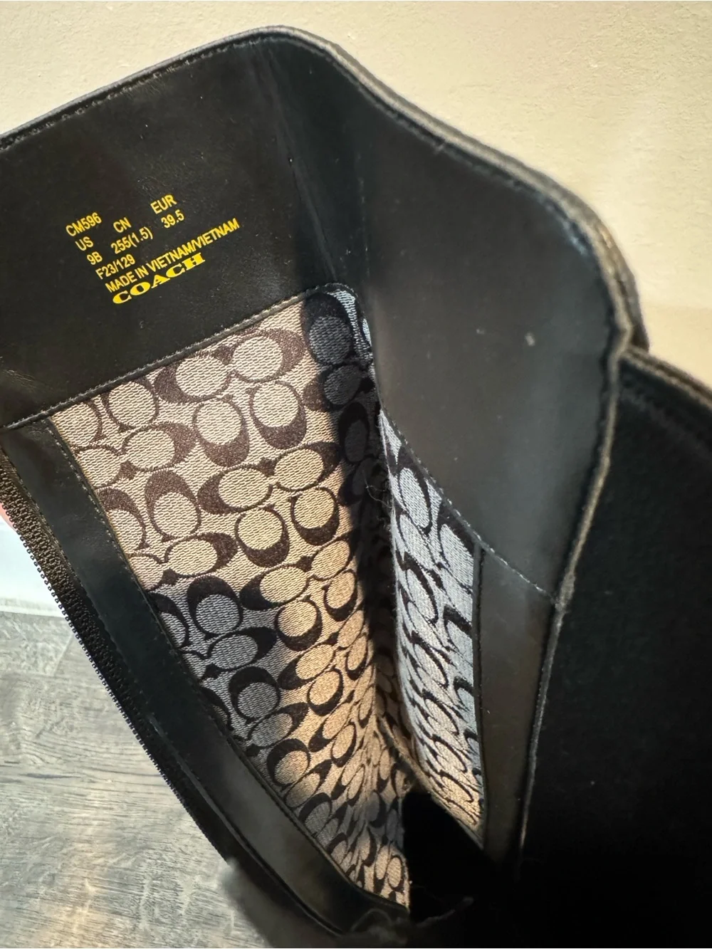Coach Black Leather Knee-High Riding Boots with Gold Buckle